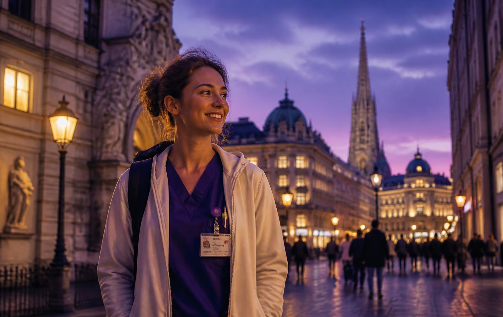 A nurse standing on a historic Vienna street at blue hour