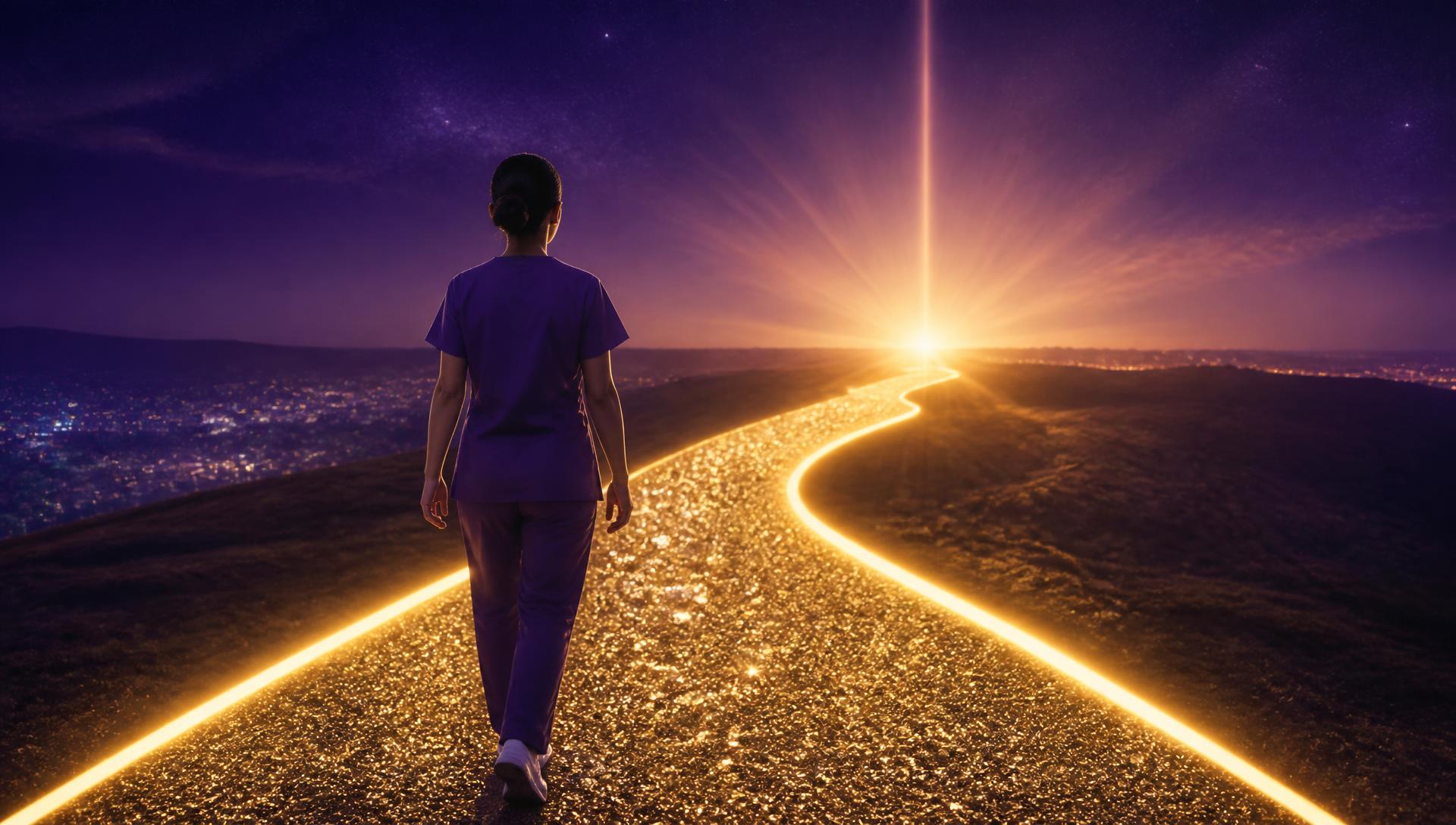 A nurse walking along a luminous golden pathway toward a bright horizon