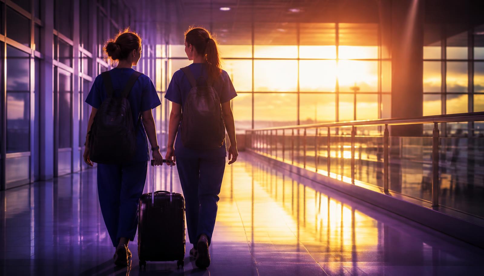Two nurses walking through an airport terminal toward the sunrise